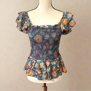 Smocked Square-Neck Floral Peplum Top - Blue Multi